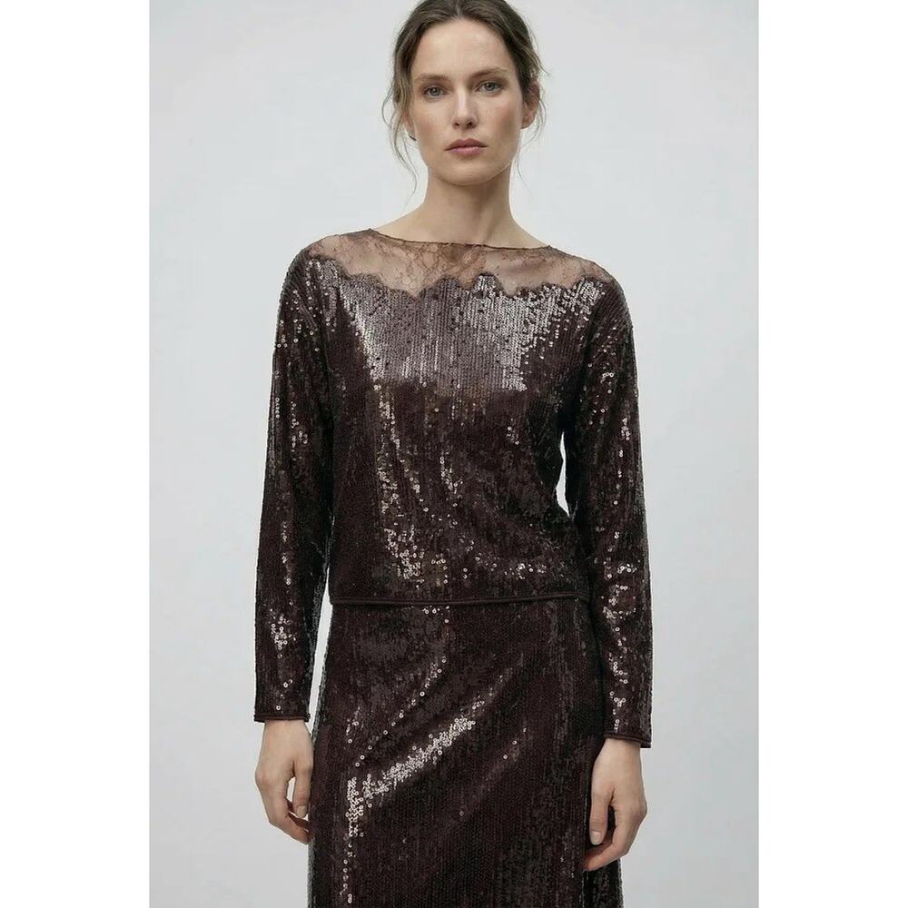 NWT Zara Sequin Lace Boat Neck Top Brown Shimmer Long Sleeve Blouse S - Picture 1 of 11